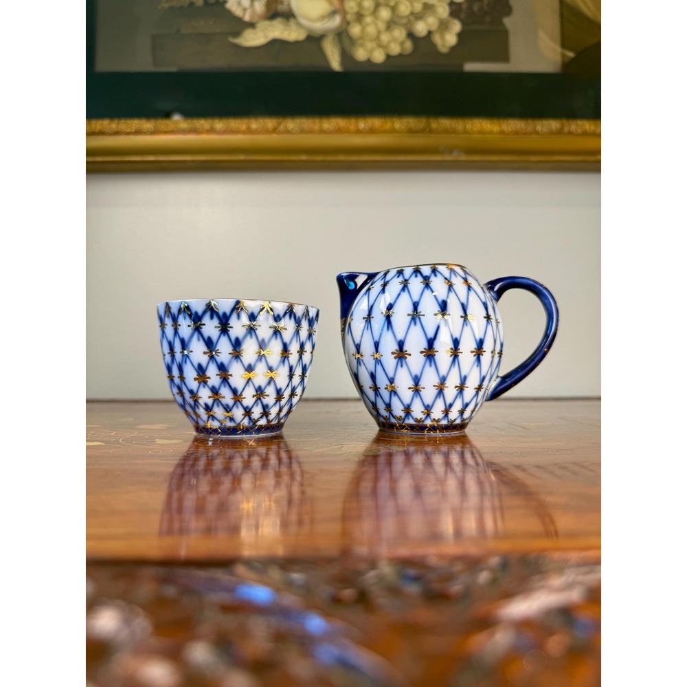Vintage Lomonosov Cobalt Net Creamer & Sugar Bowl • USSR Porcelain Set